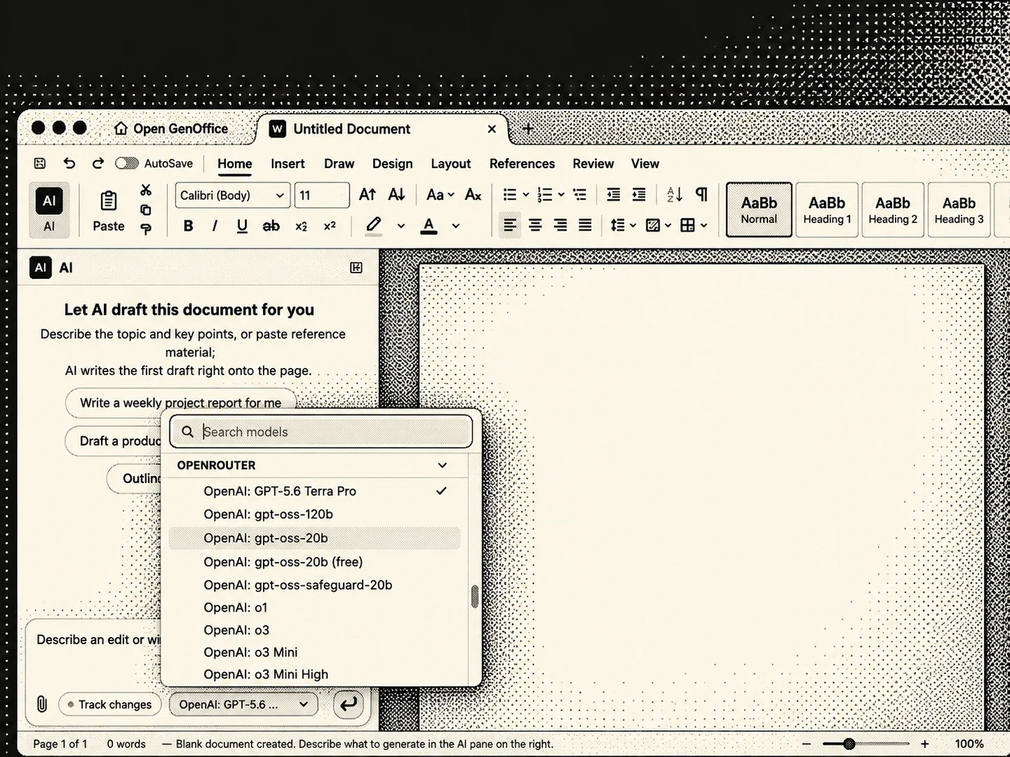Dithered Open GenOffice interface with its AI model picker open.