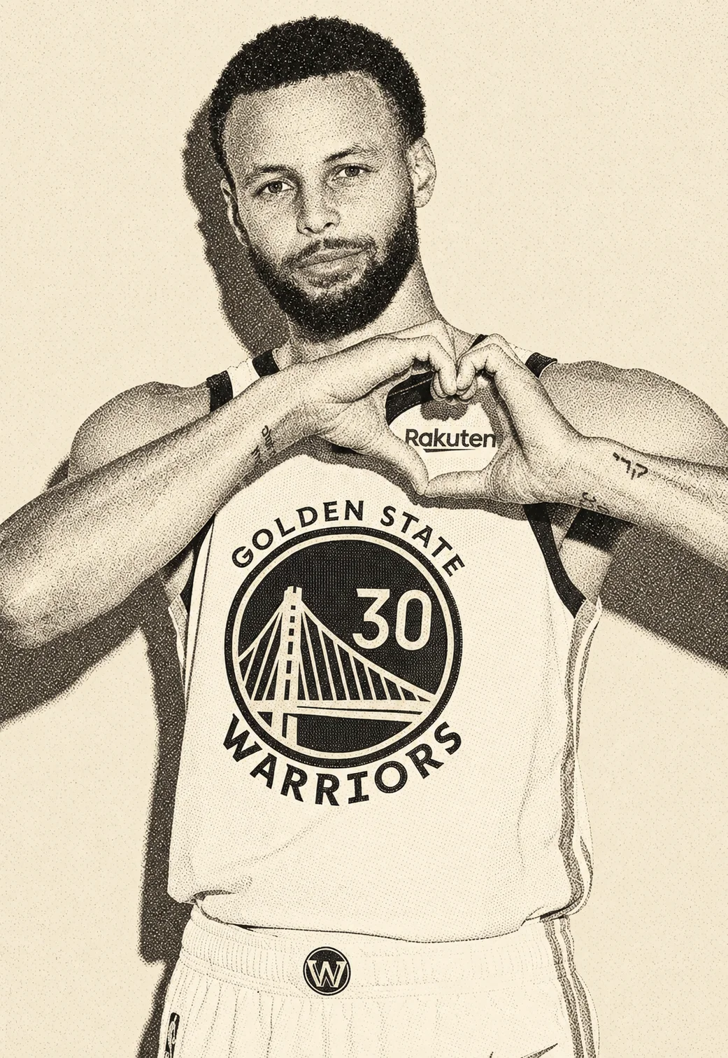 Dithered photograph of Stephen Curry making a heart around the Rakuten logo on his jersey.